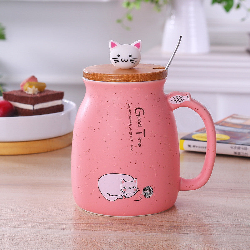 pink cute cat mug with lid and spoon
