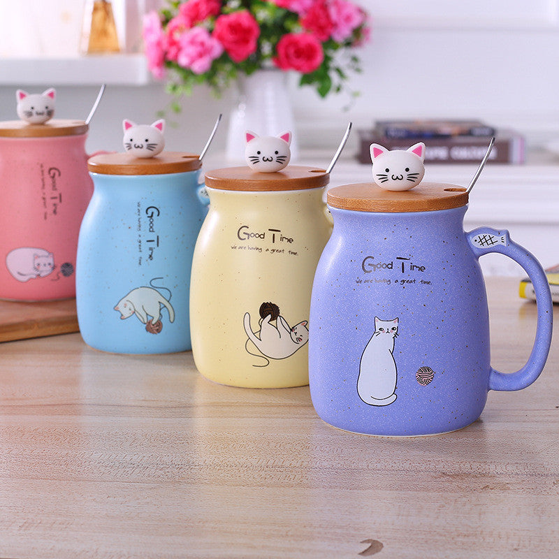 cute cat mug with lid and spoon
