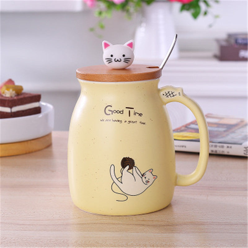 yellow cute cat mug with lid and spoon