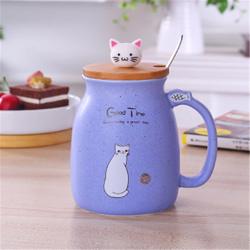 purple cute cat mug with lid and spoon